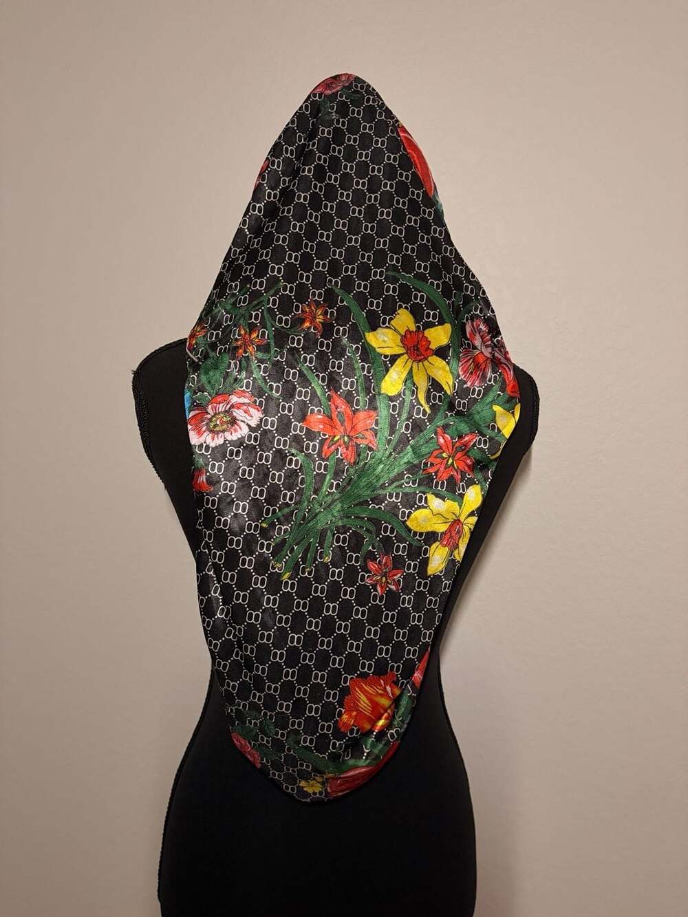 Black and Multicolor Floral Print Silk Satin Long Hair Bonnet Cap